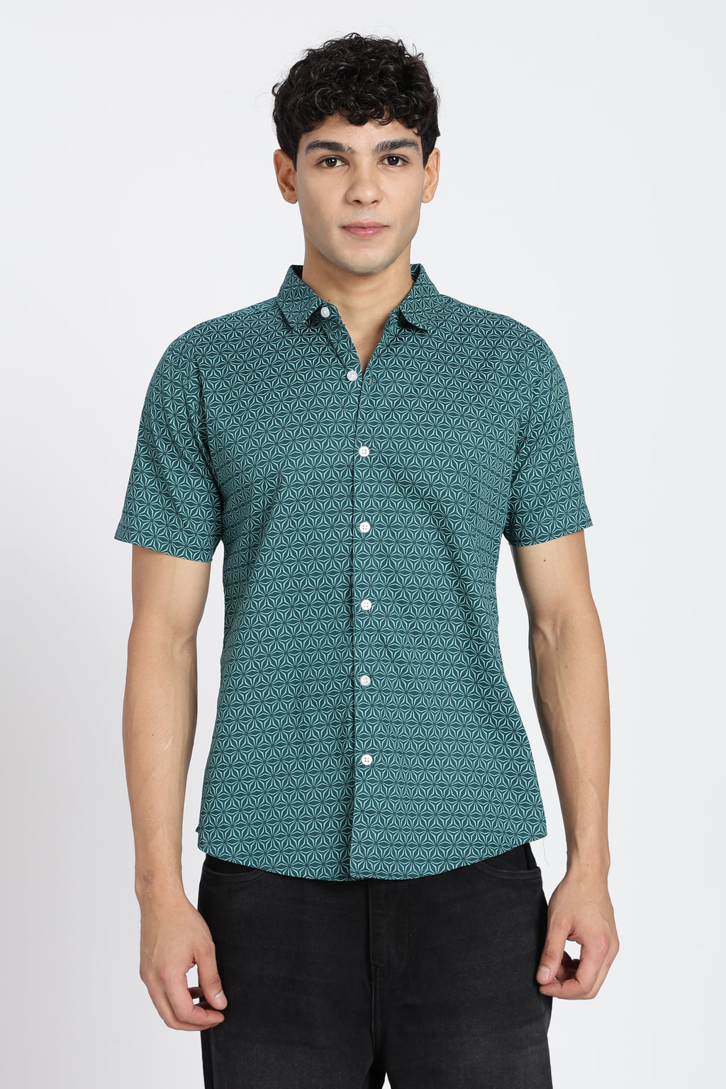 Teal Printed Regular Fit Shirt for Men - Image 2