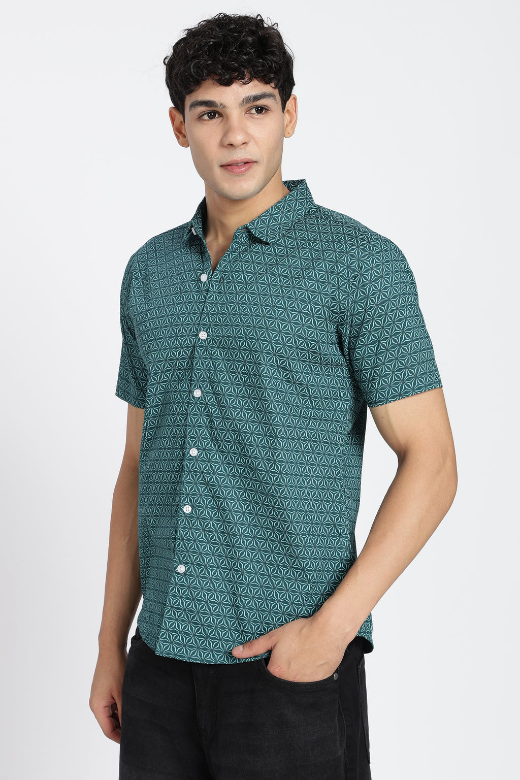 Teal Printed Regular Fit Shirt for Men - Image 4