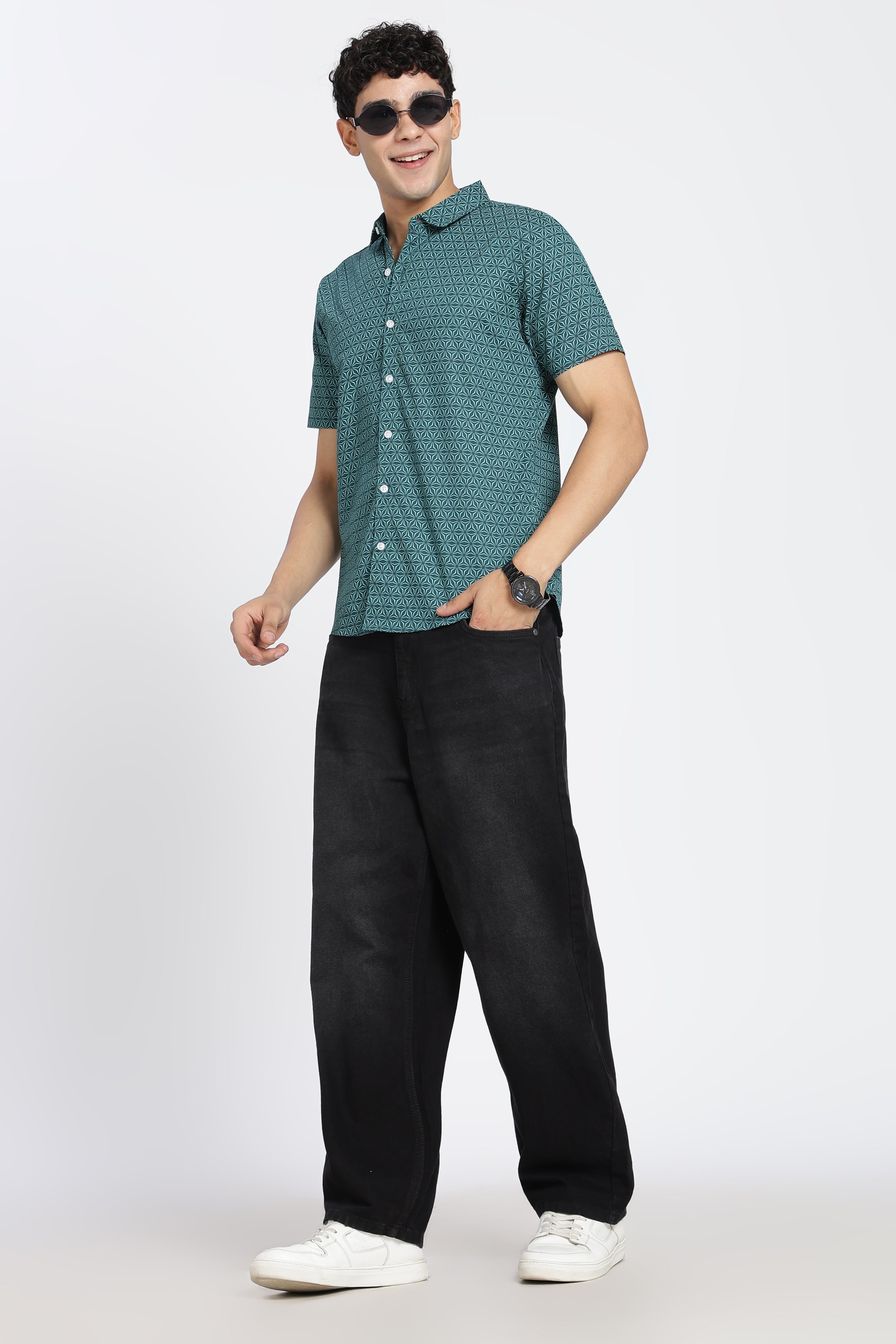Teal Printed Regular Fit Shirt for Men - Image 6