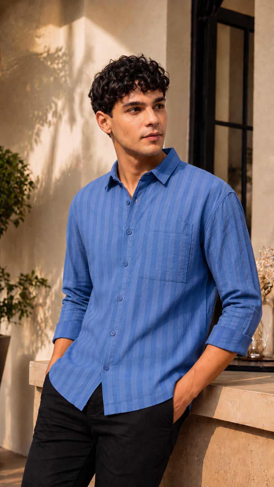 Blue Textured Regular Fit Casual Shirt for Men - Image 1