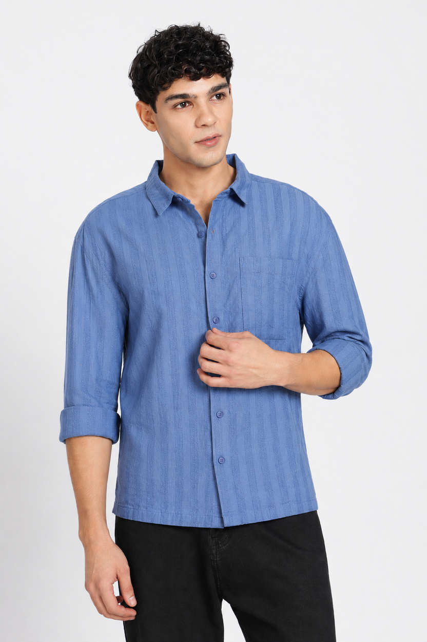 Blue Textured Regular Fit Casual Shirt For Men - Image 2