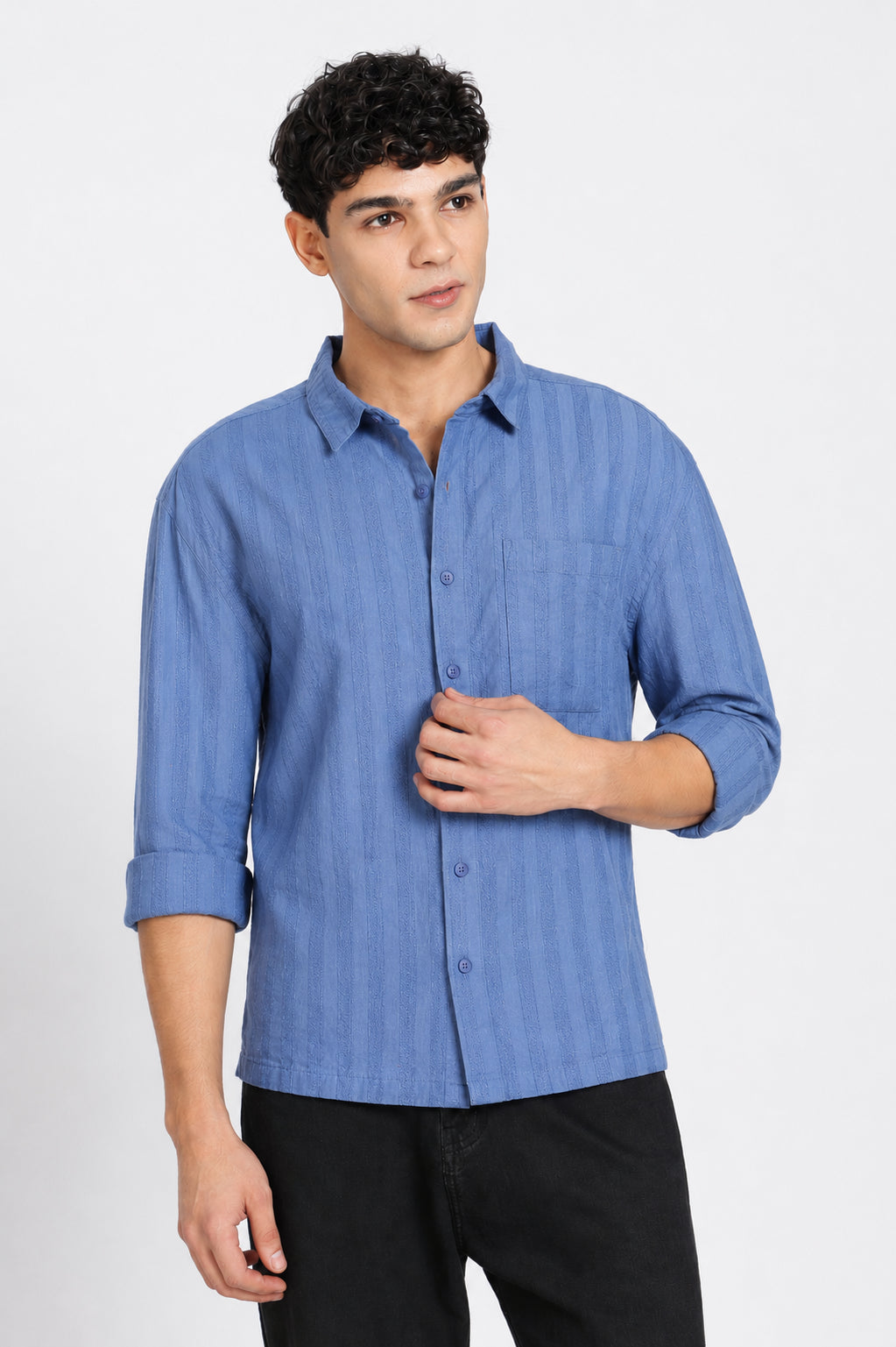 Blue Textured Regular Fit Casual Shirt for Men - Image 2