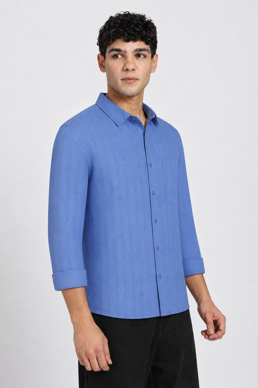 Blue Textured Regular Fit Casual Shirt For Men - Image 4