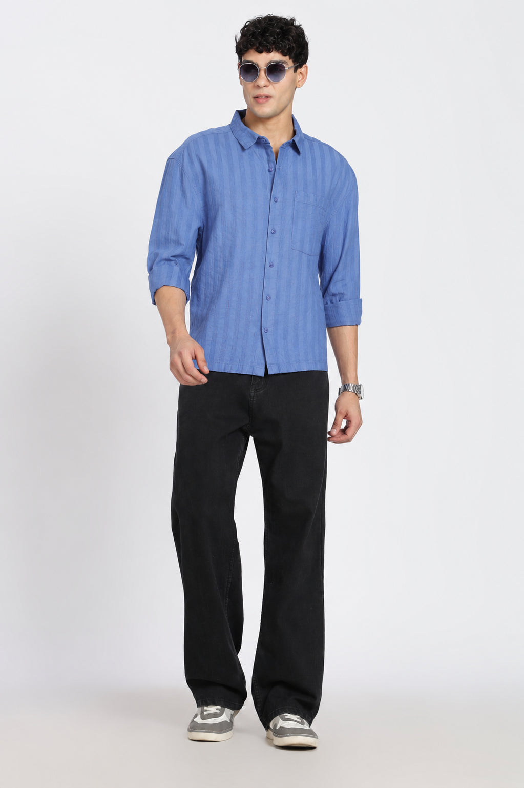 Blue Textured Regular Fit Casual Shirt for Men - Image 6