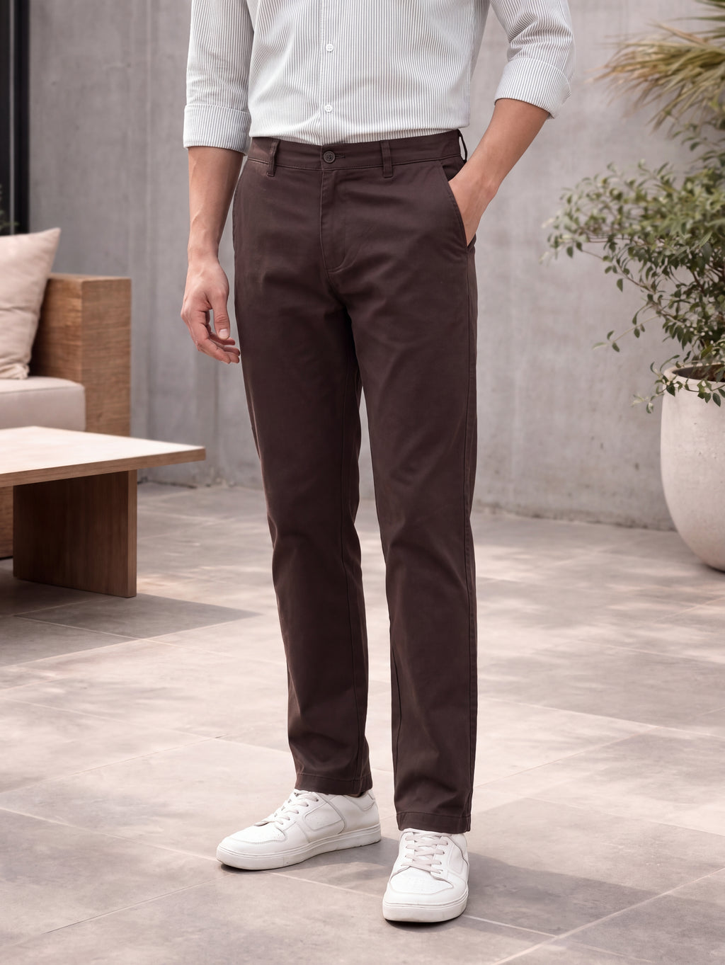 Chocolate 4 Pocketed Regular Fit Chinos for Men - Image 1