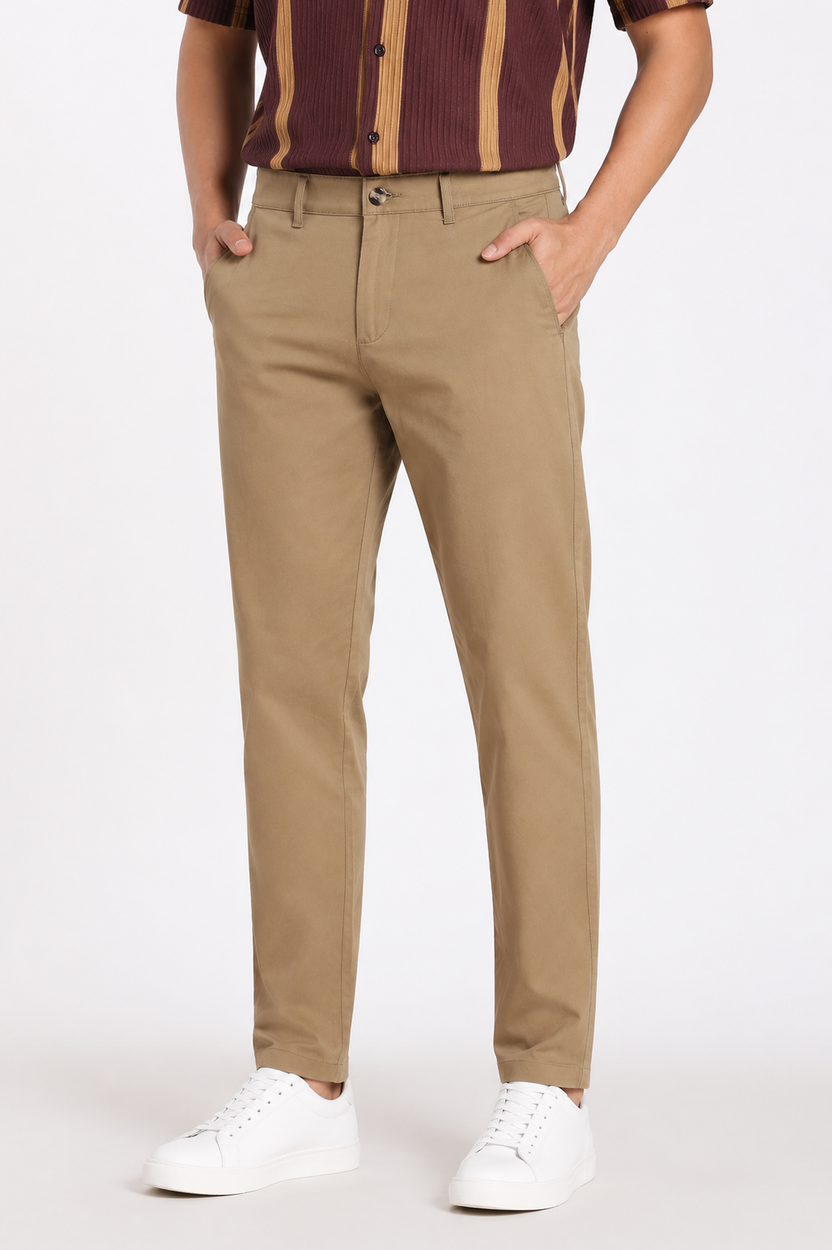 Khaki Solid Regular Fit Trouser For Men - Image 3