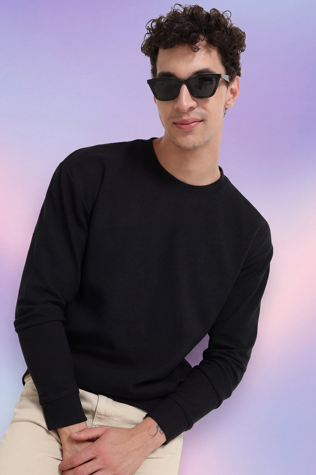 Black Textured Regular Fit Sweatshirt for Men - Image 1