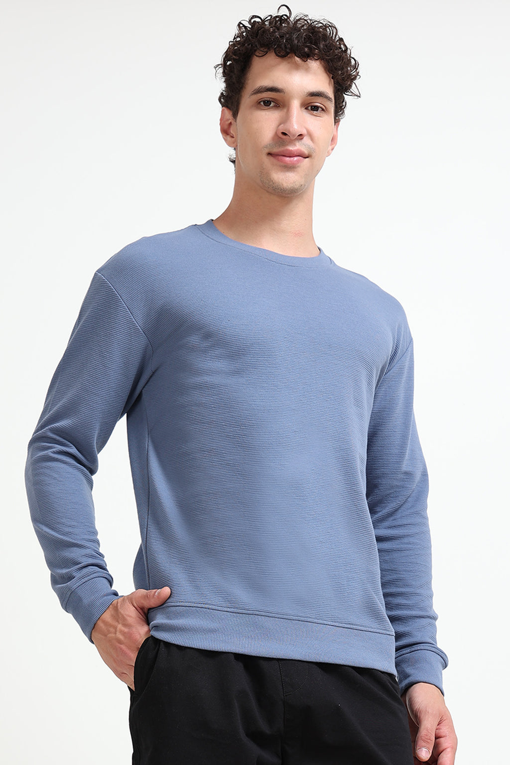 Blue Solid Regular Fit Sweatshirt for Men - Image 4