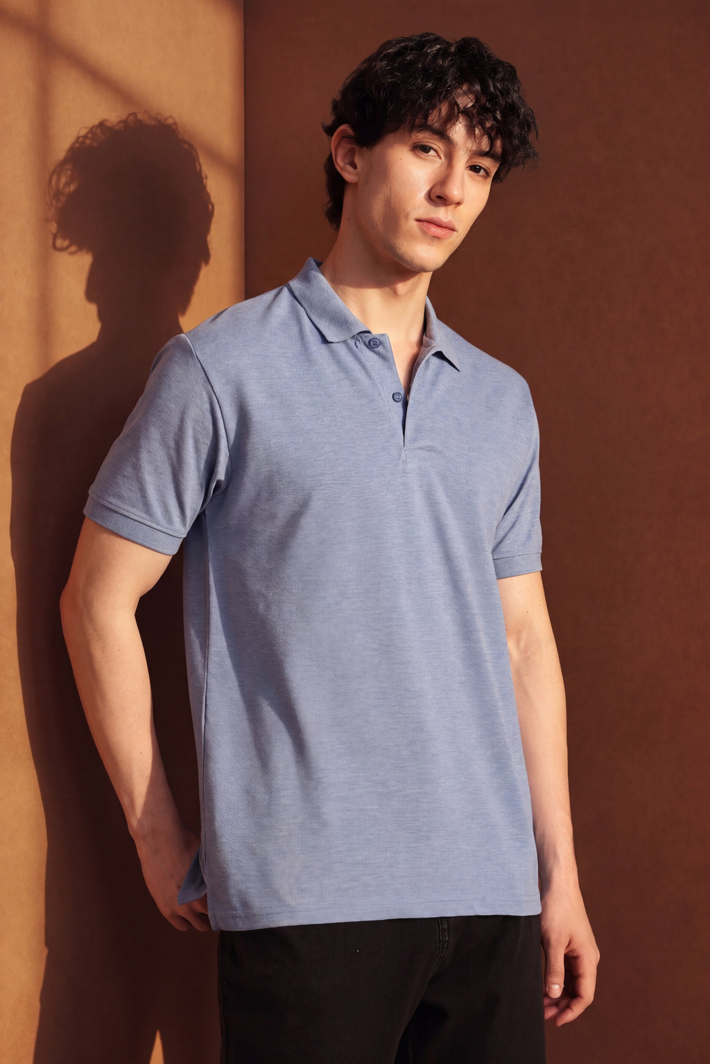 Light Blue Cotton Blend Regular Fit Polo T-Shirt for Men - Image 1
