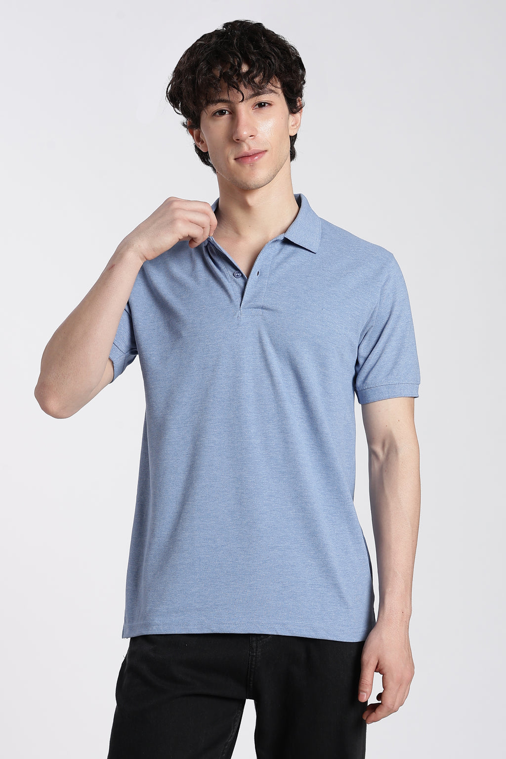 Light Blue Cotton Blend Regular Fit Polo T-Shirt for Men - Image 2