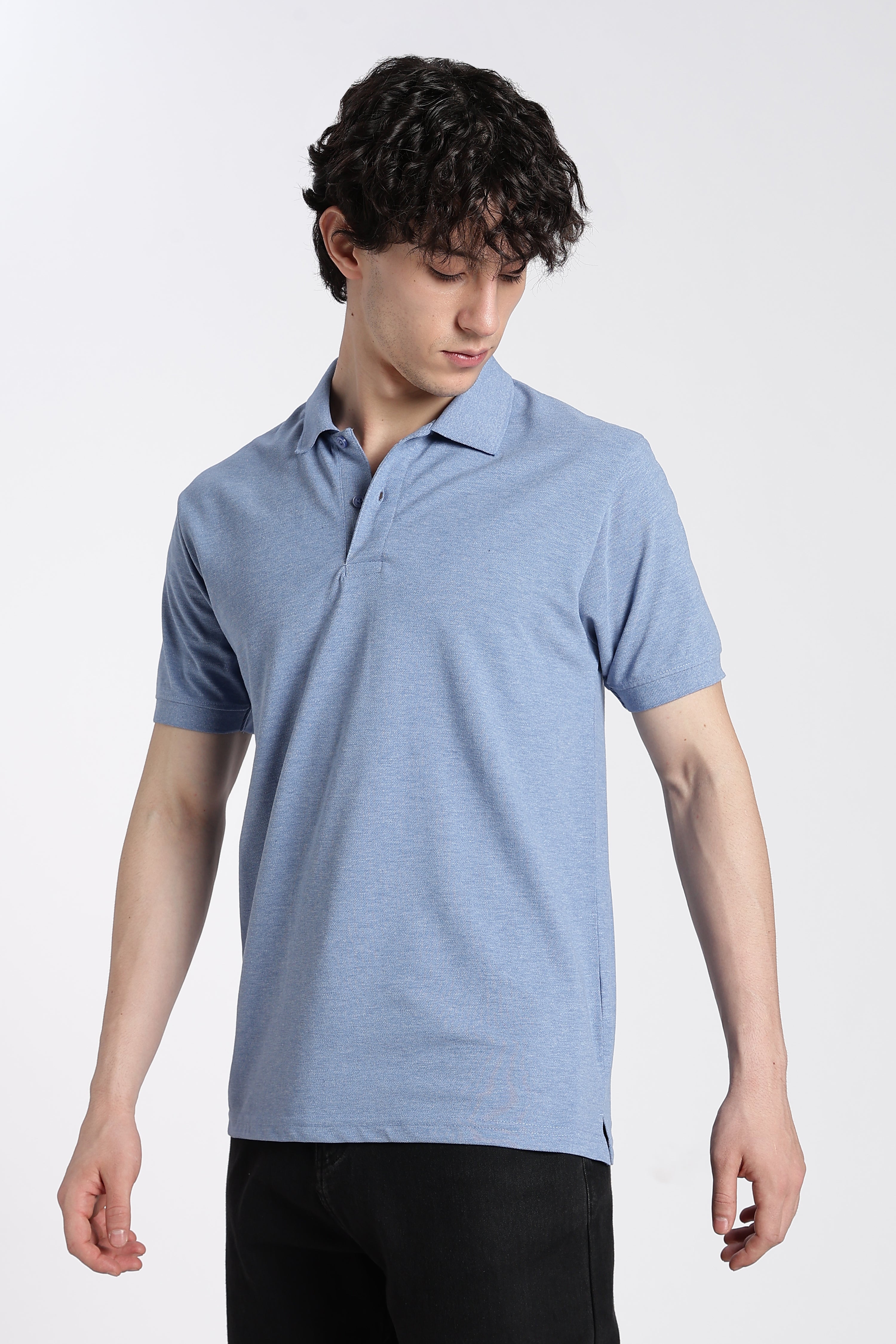 Light Blue Cotton Blend Regular Fit Polo T-Shirt for Men - Image 4