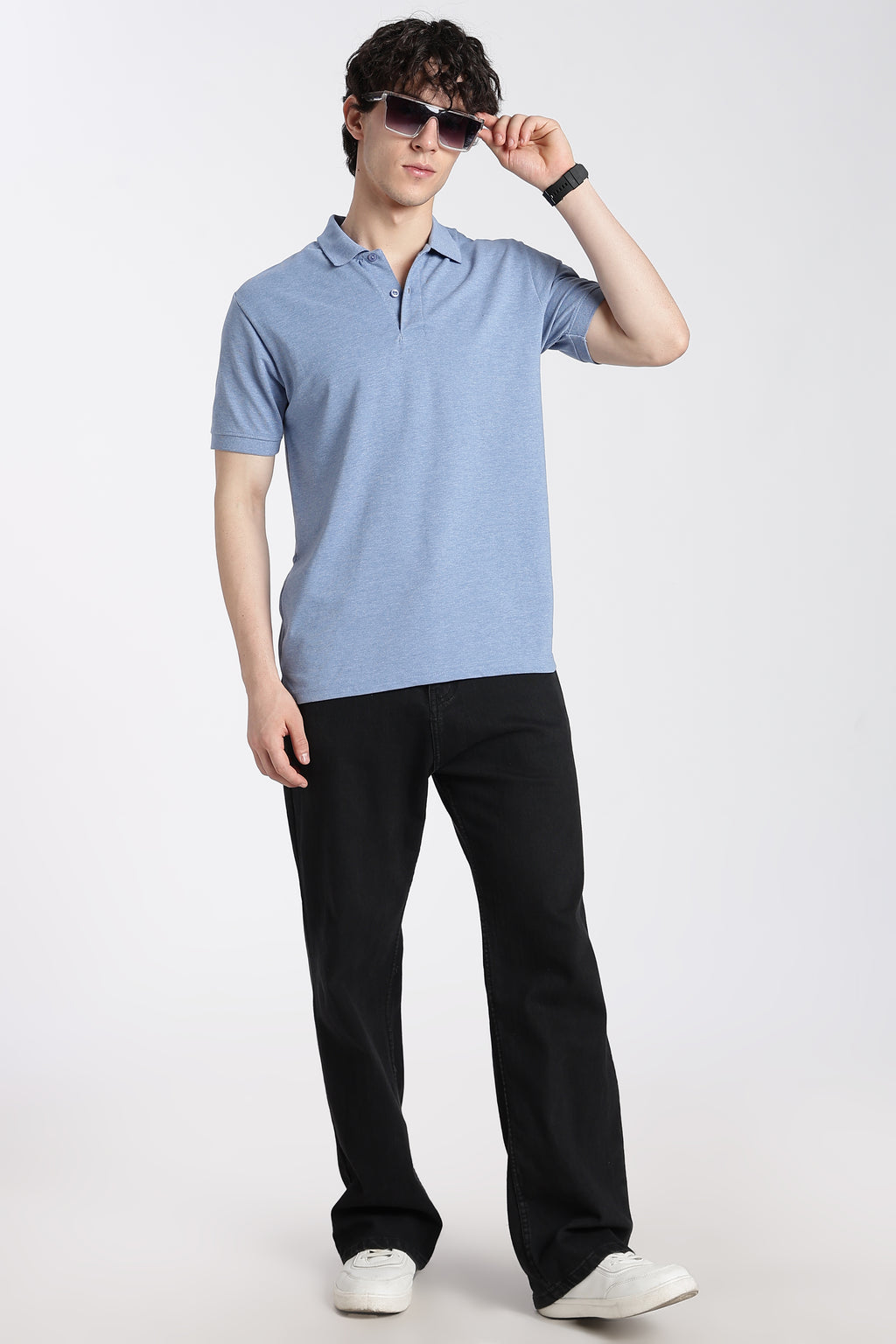 Light Blue Cotton Blend Regular Fit Polo T-Shirt for Men - Image 6