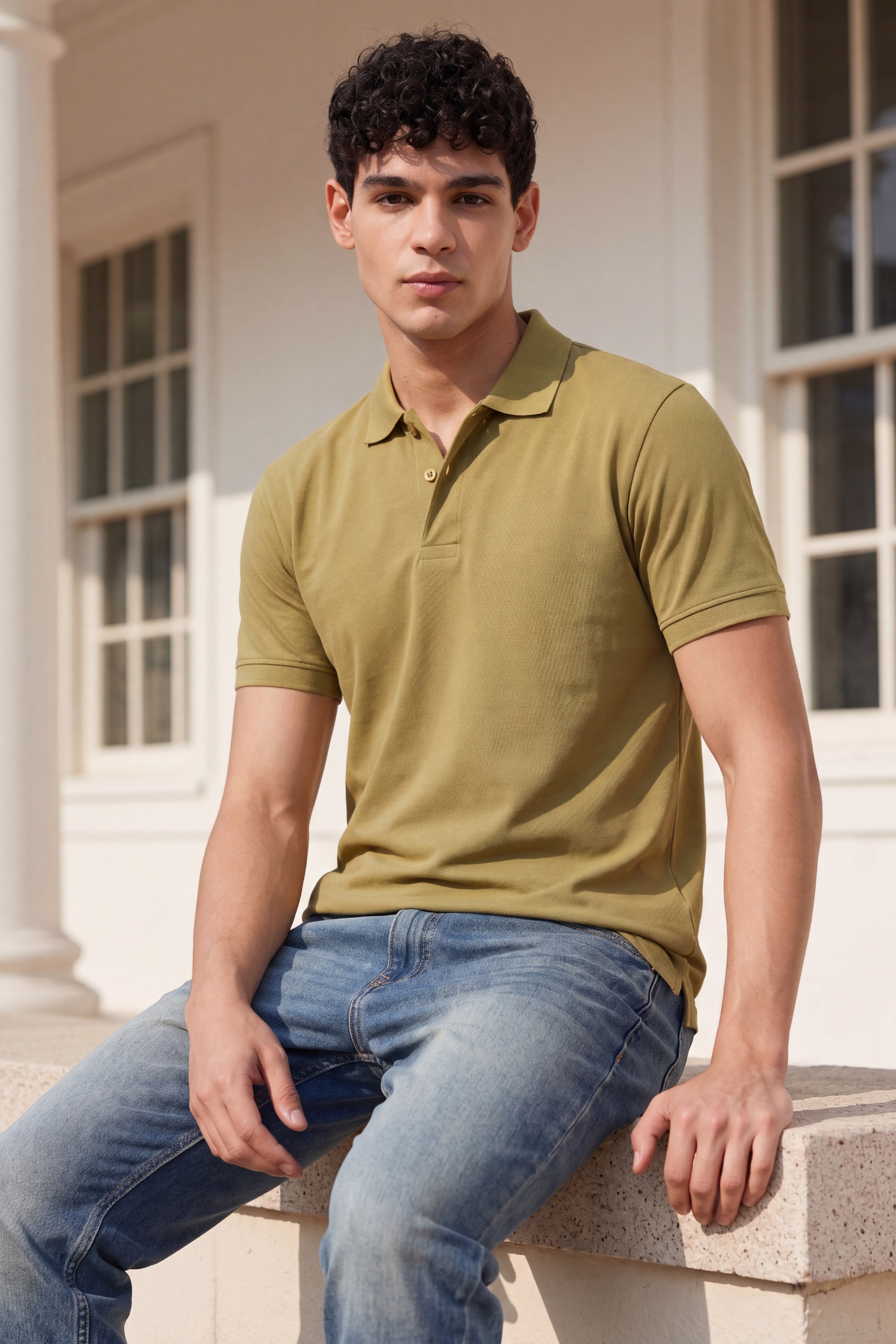 Olive Cotton Blend Regular Fit Polo T-Shirt for Men - Image 1