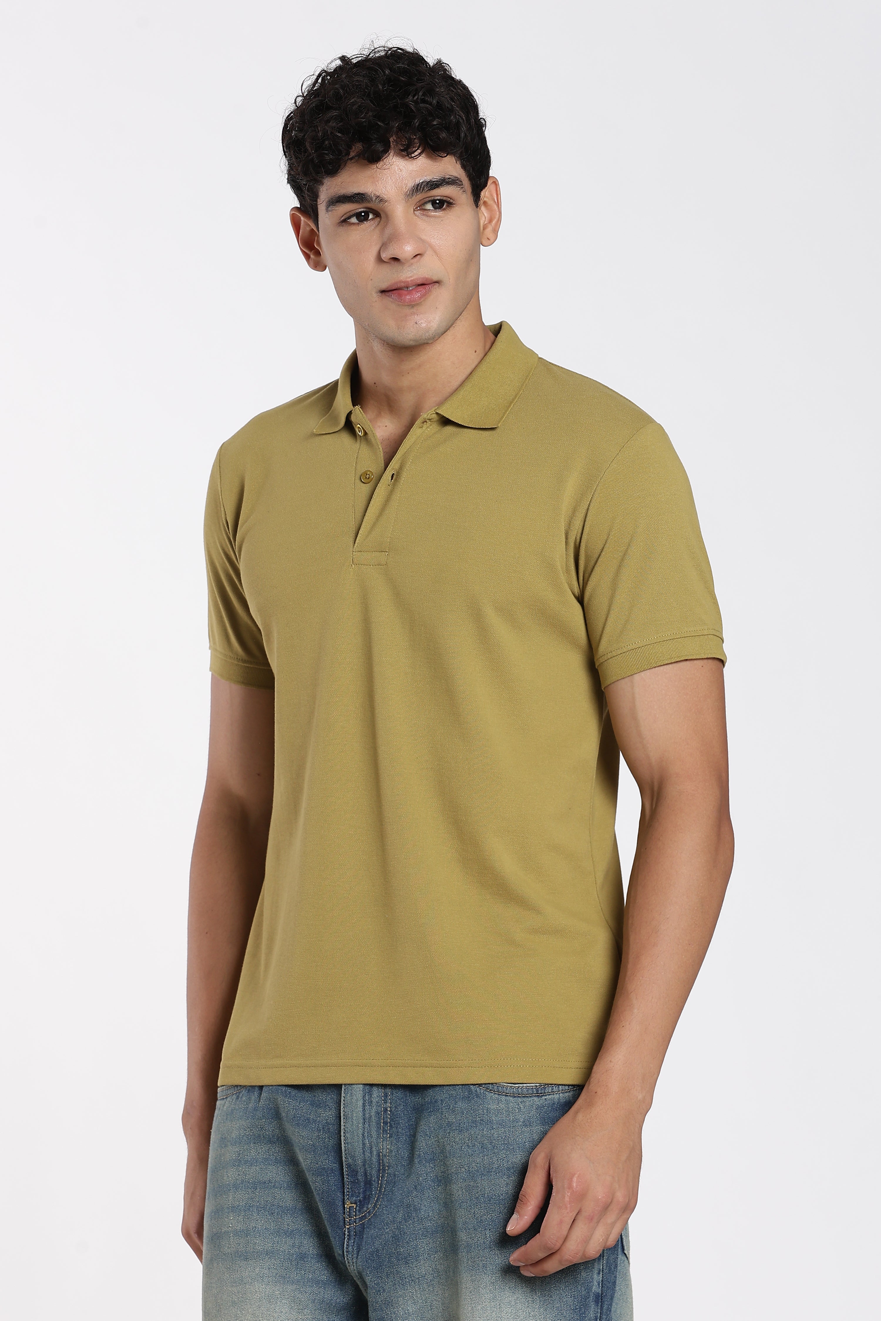 Olive Cotton Blend Regular Fit Polo T-Shirt for Men - Image 4