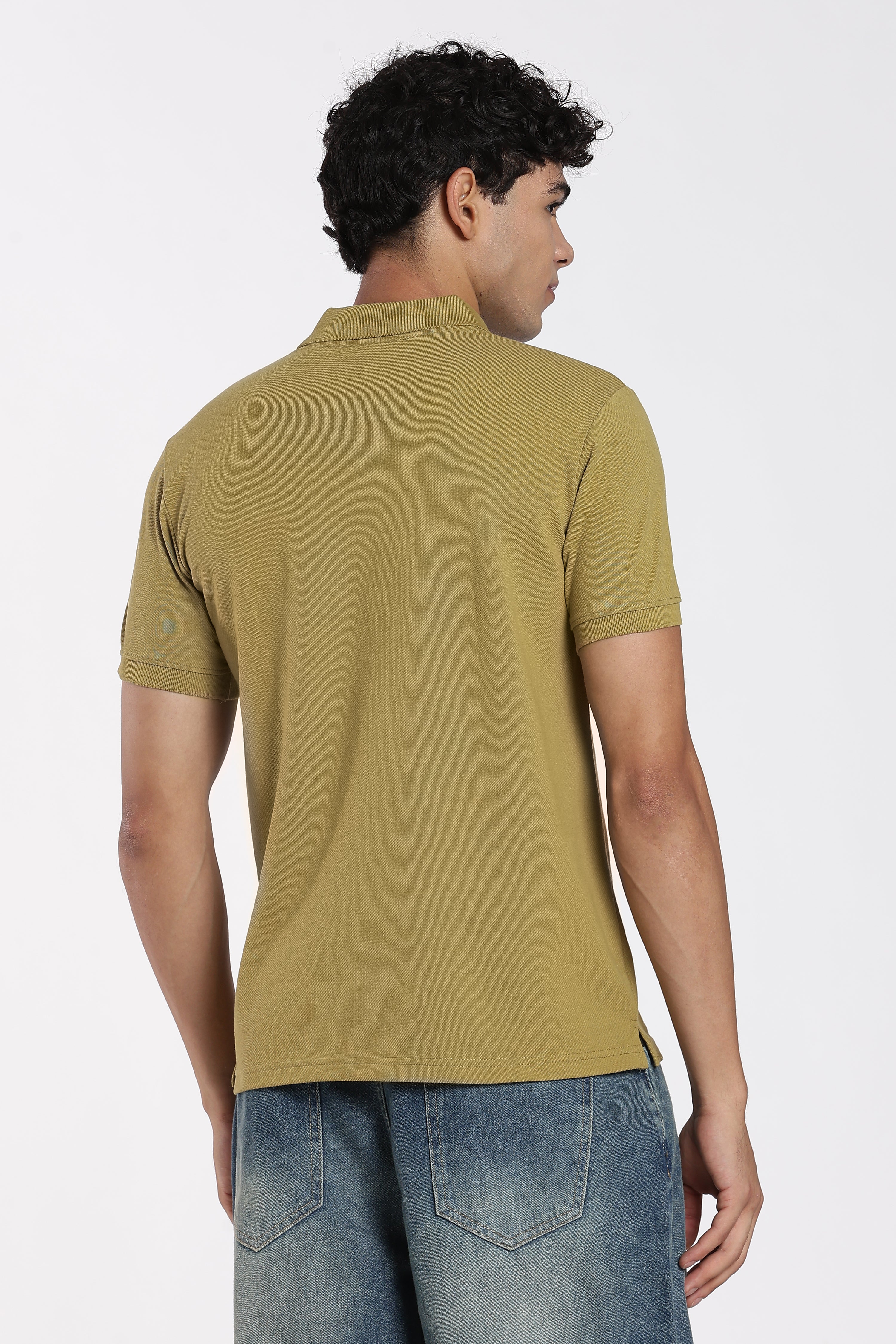 Olive Cotton Blend Regular Fit Polo T-Shirt for Men - Image 5