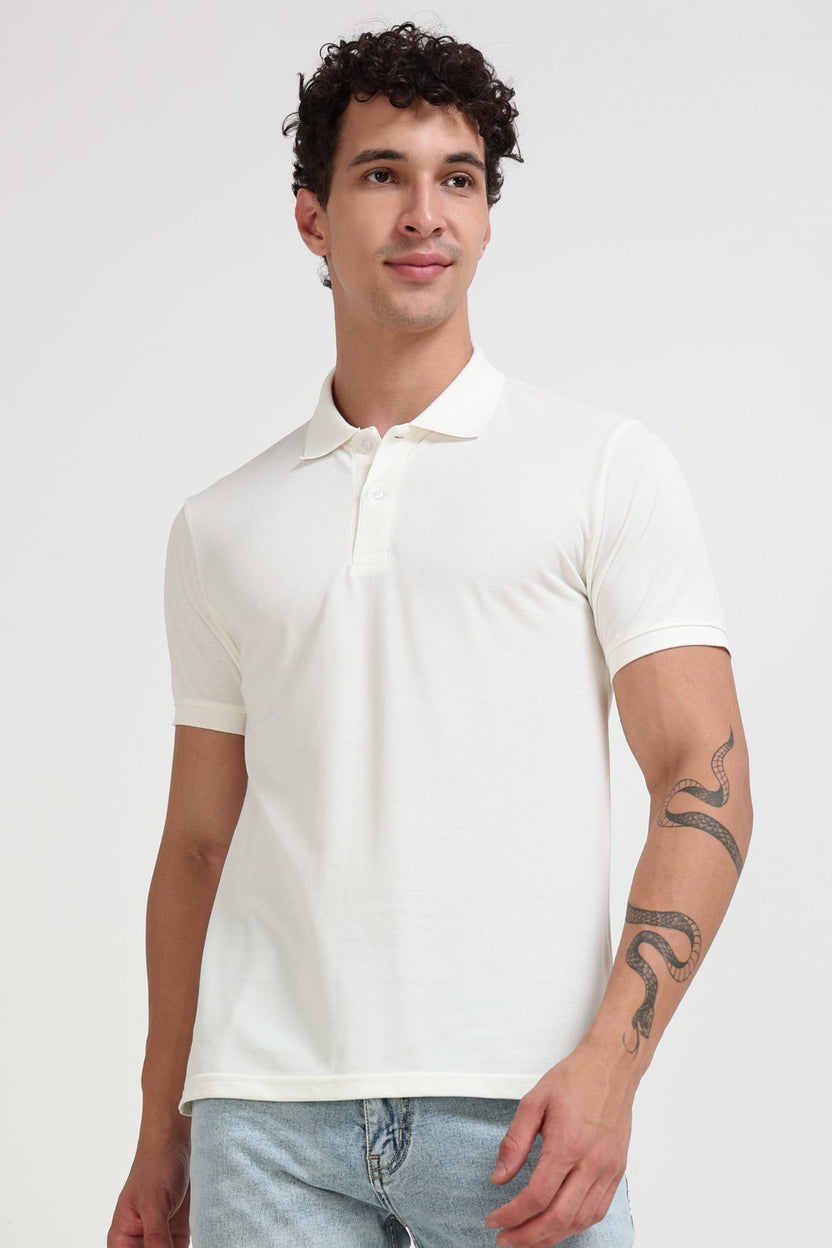 Off White Solid Regular Fit Polo T-Shirt For Men - Image 4