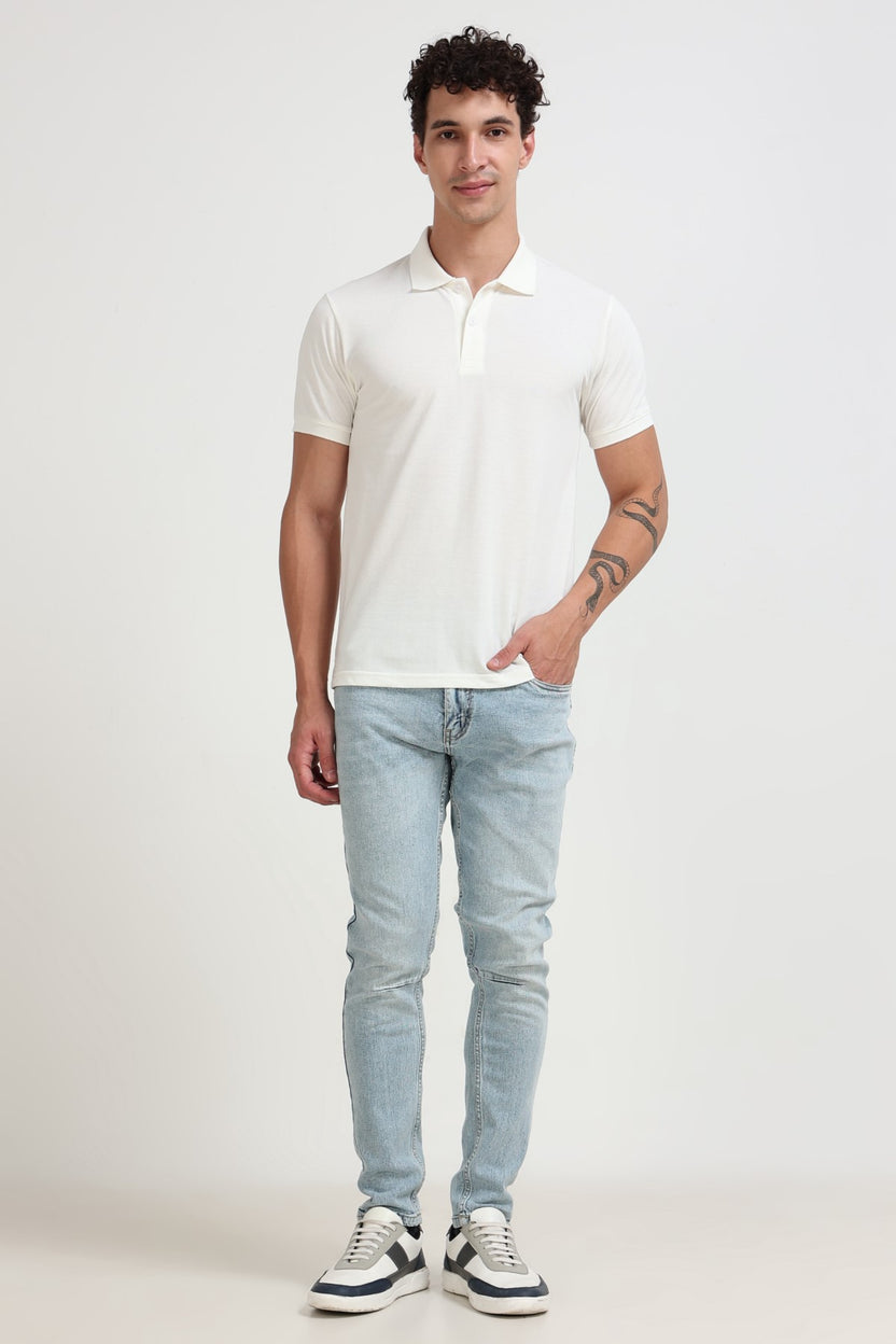 Off White Solid Regular Fit Polo T-Shirt For Men - Image 6