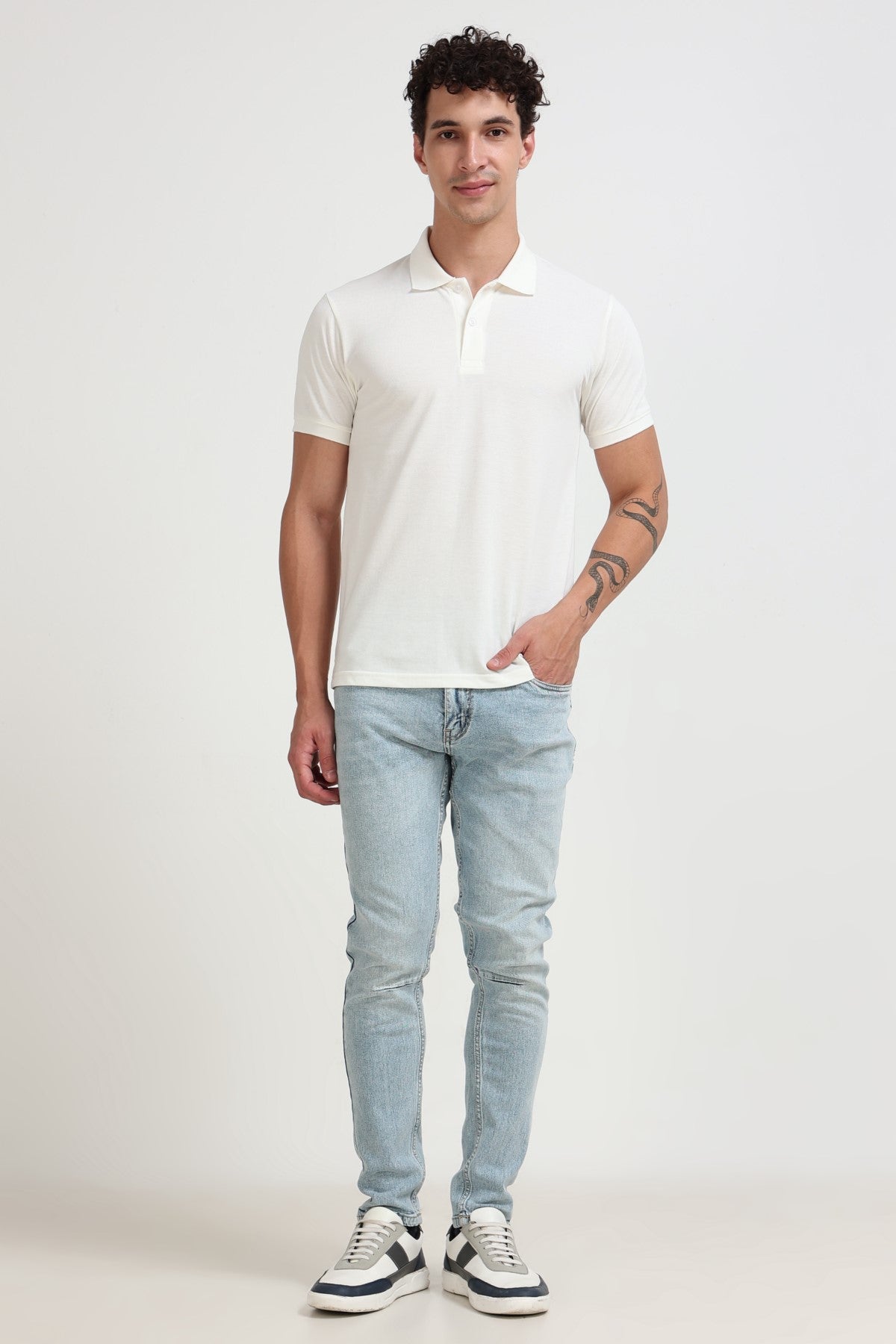 Off White Solid Regular Fit Polo T-Shirt for Men - Image 6