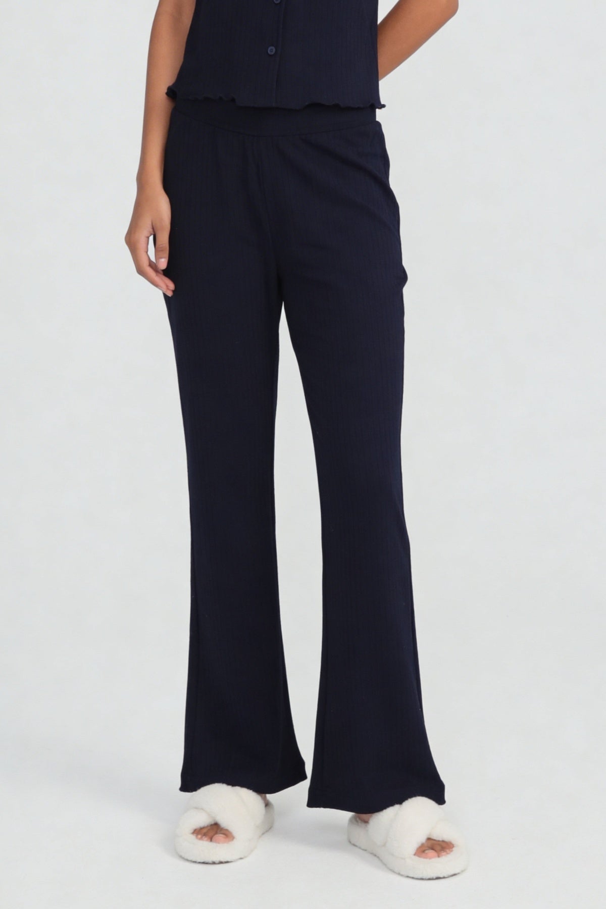 Navy Ribbed Regular Fit Solid Essential Pant for Women - Image 2