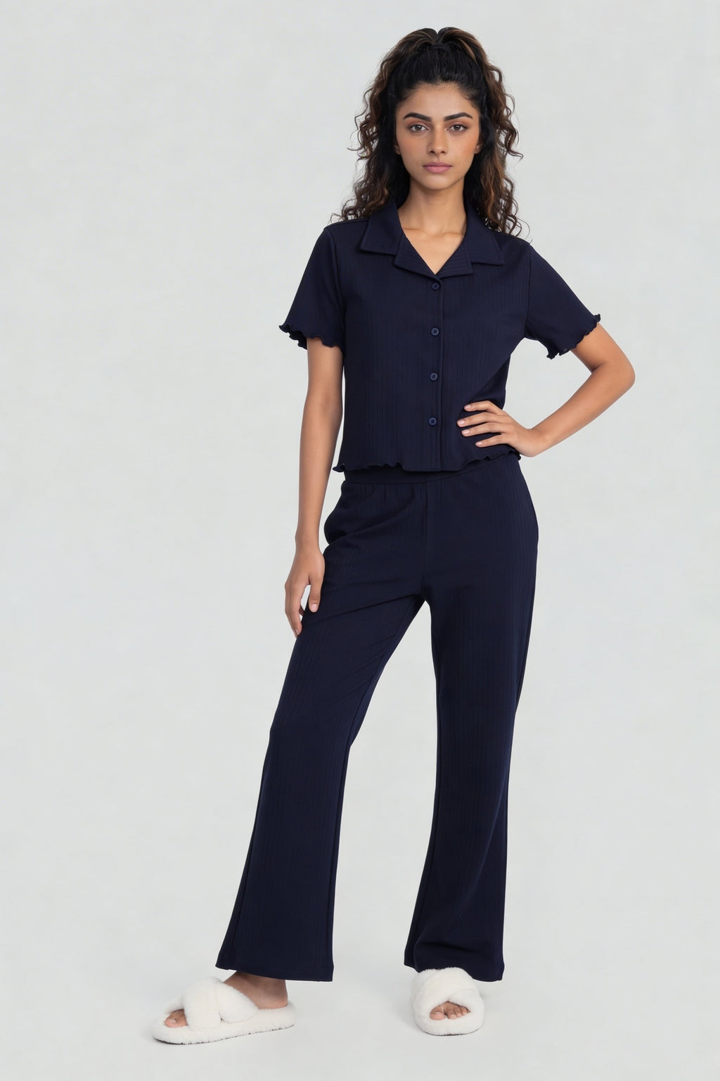 Navy Ribbed Regular Fit Solid Essential Pant for Women - Image 6