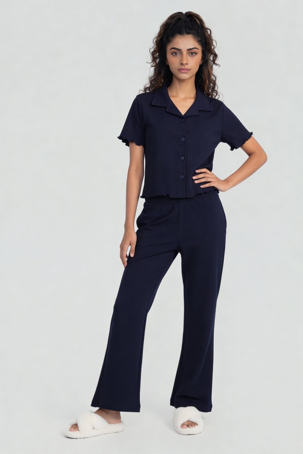 Navy Ribbed Regular Fit Solid Essential Pant for Women - Image 6