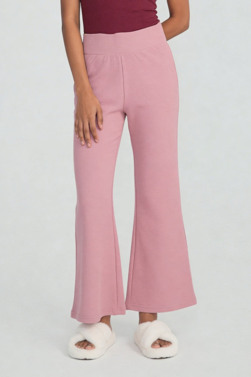 Pink Waffle Textured High‑Waist Flared Lounge Pant For Women - Image 2