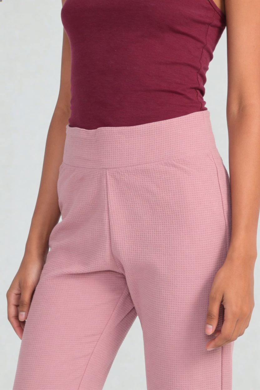 Pink Waffle Textured High‑Waist Flared Lounge Pant For Women - Image 3