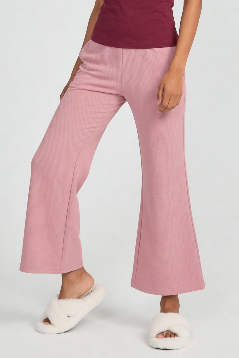 Pink Waffle Textured High‑Waist Flared Lounge Pant For Women - Image 4