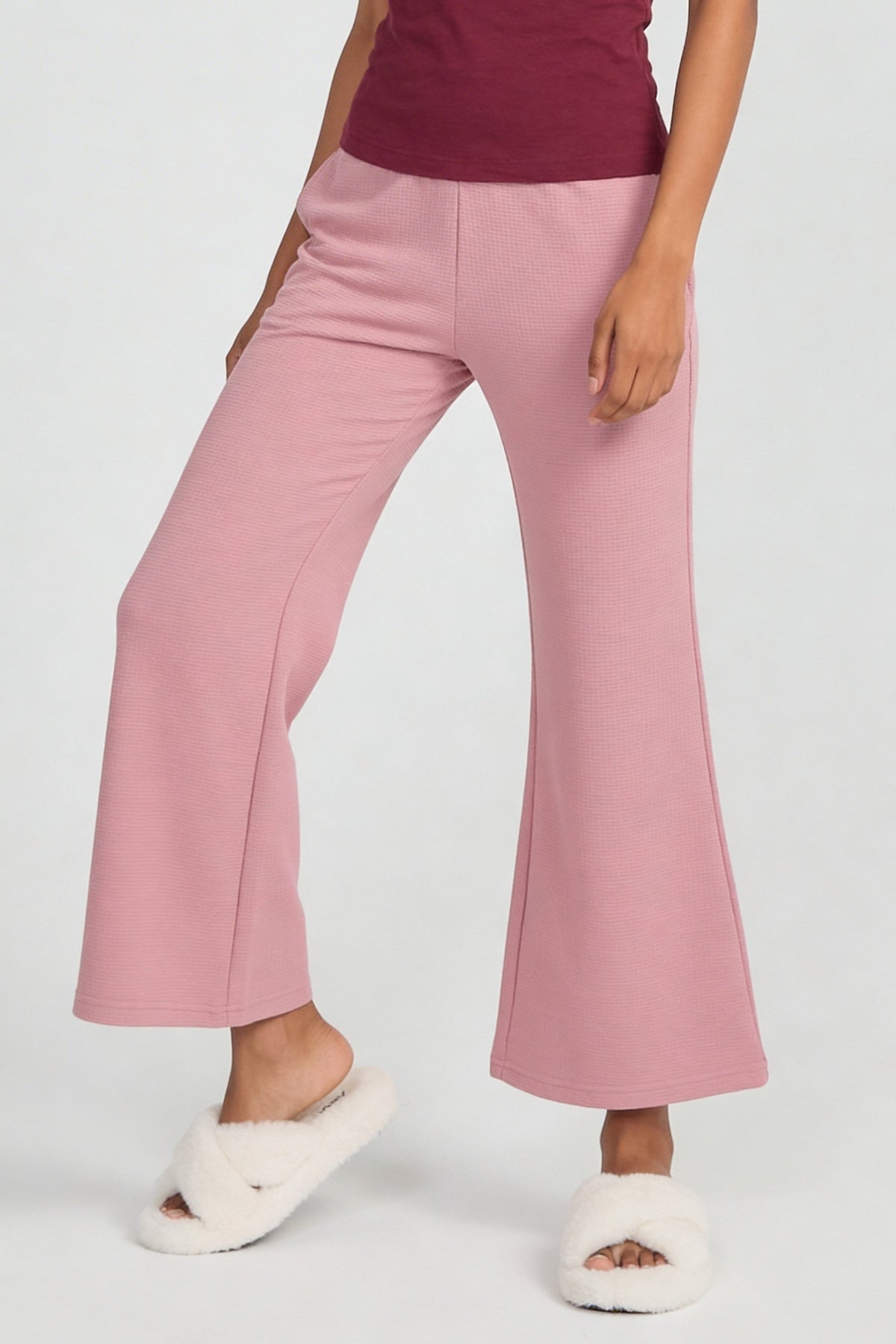 Pink Waffle Textured High‑Waist Flared Lounge Pant for Women - Image 4