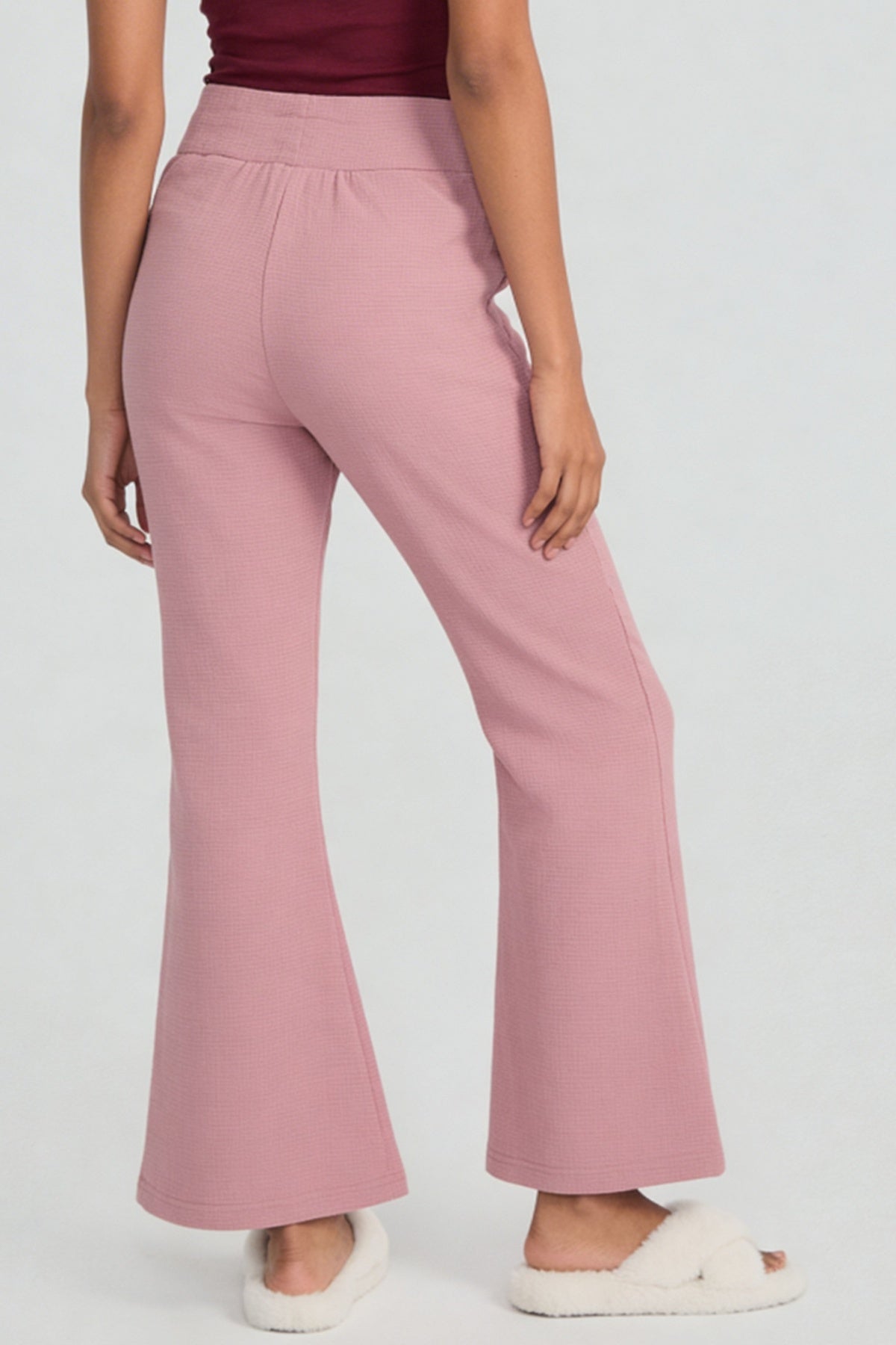 Pink Waffle Textured High‑Waist Flared Lounge Pant for Women - Image 5
