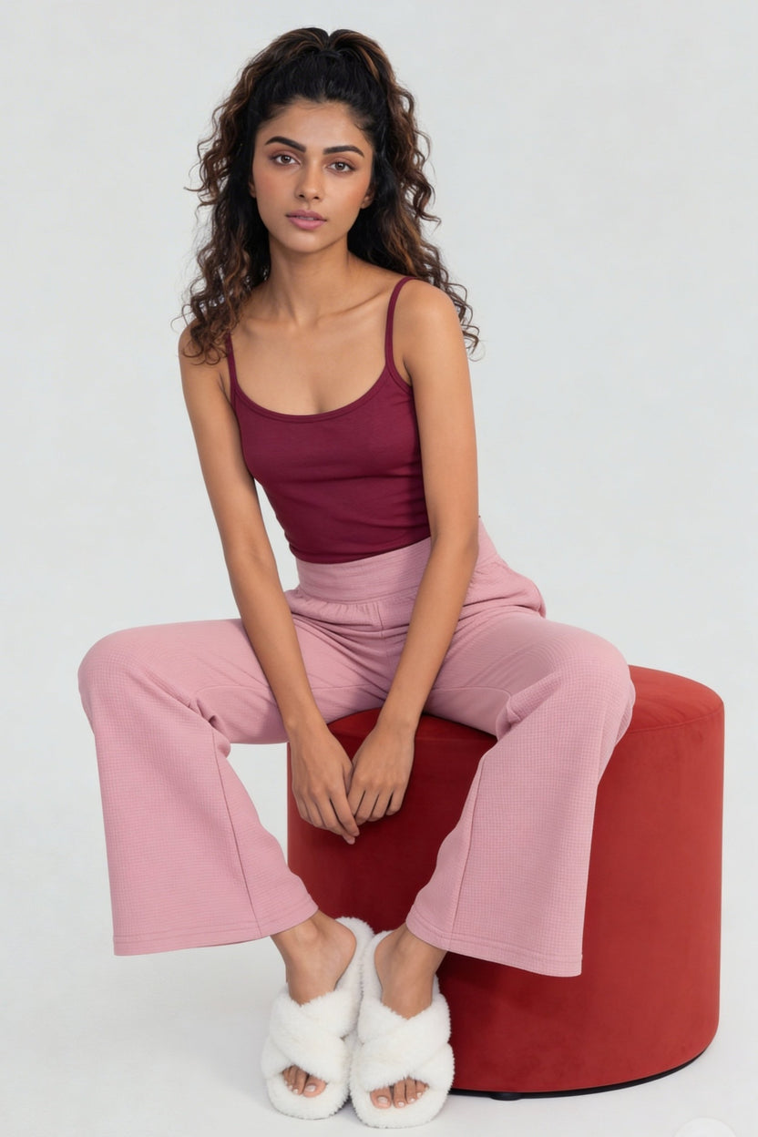 Pink Waffle Textured High‑Waist Flared Lounge Pant For Women - Image 6
