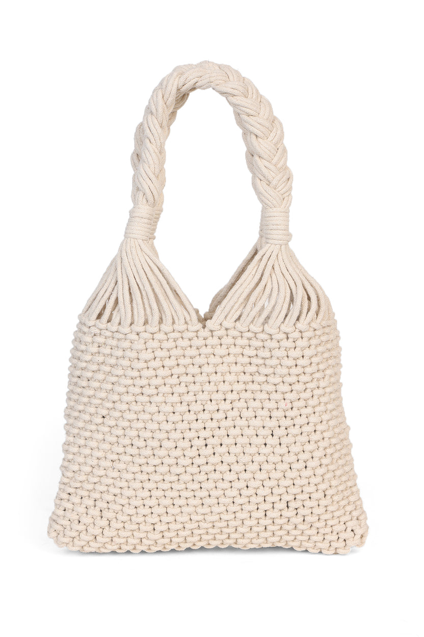Off White Tote Bag With Braided Handles For Women - Image 3