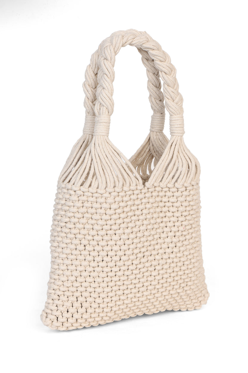 Off White Tote Bag With Braided Handles For Women - Image 4