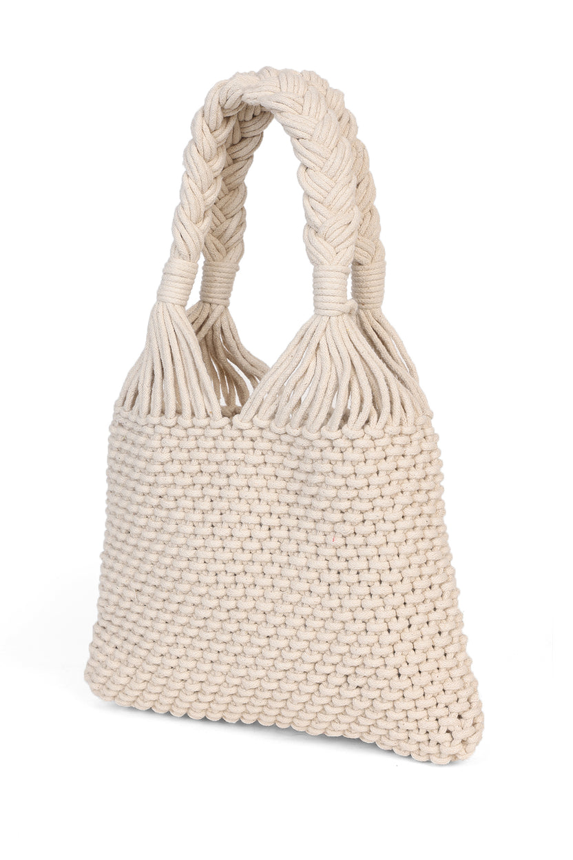 Off White Tote Bag With Braided Handles For Women - Image 5