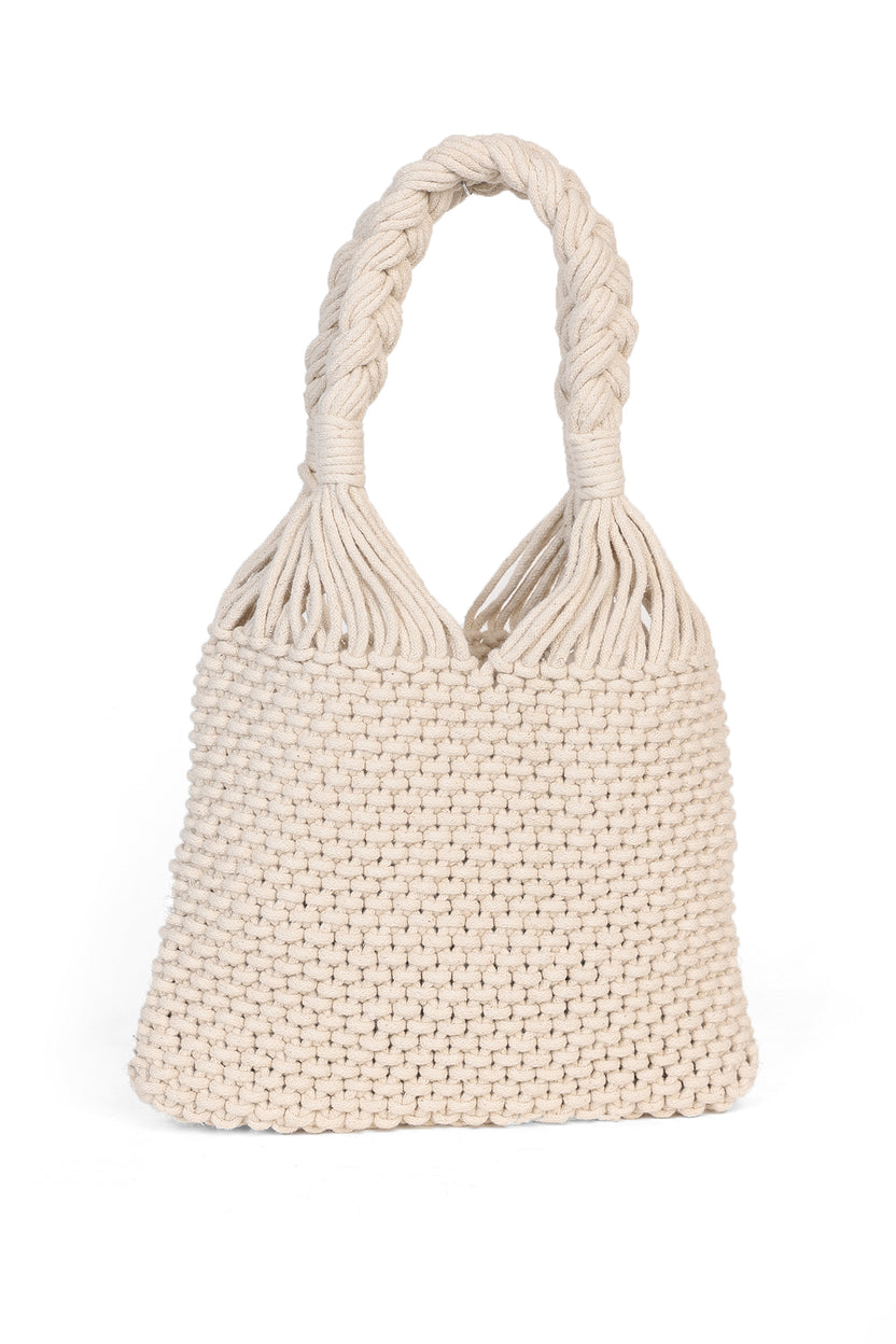Off White Tote Bag With Braided Handles For Women - Image 6