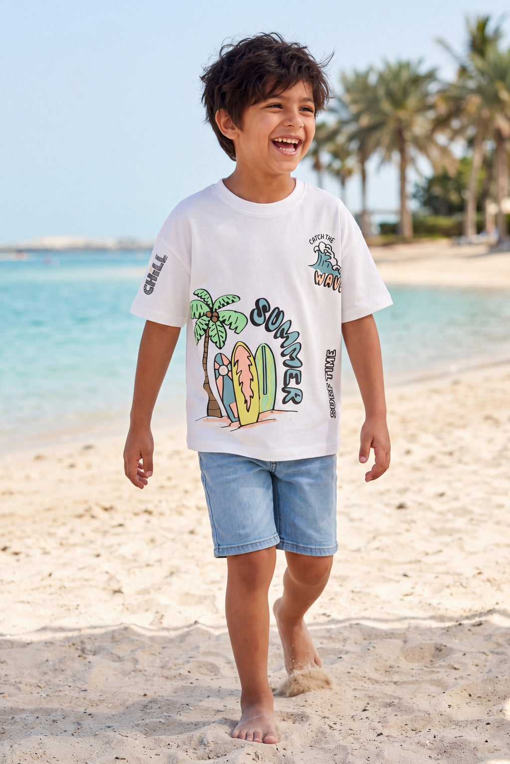 White Summer Graphic Printed Regular Fit T-Shirt for Boys - Image 1