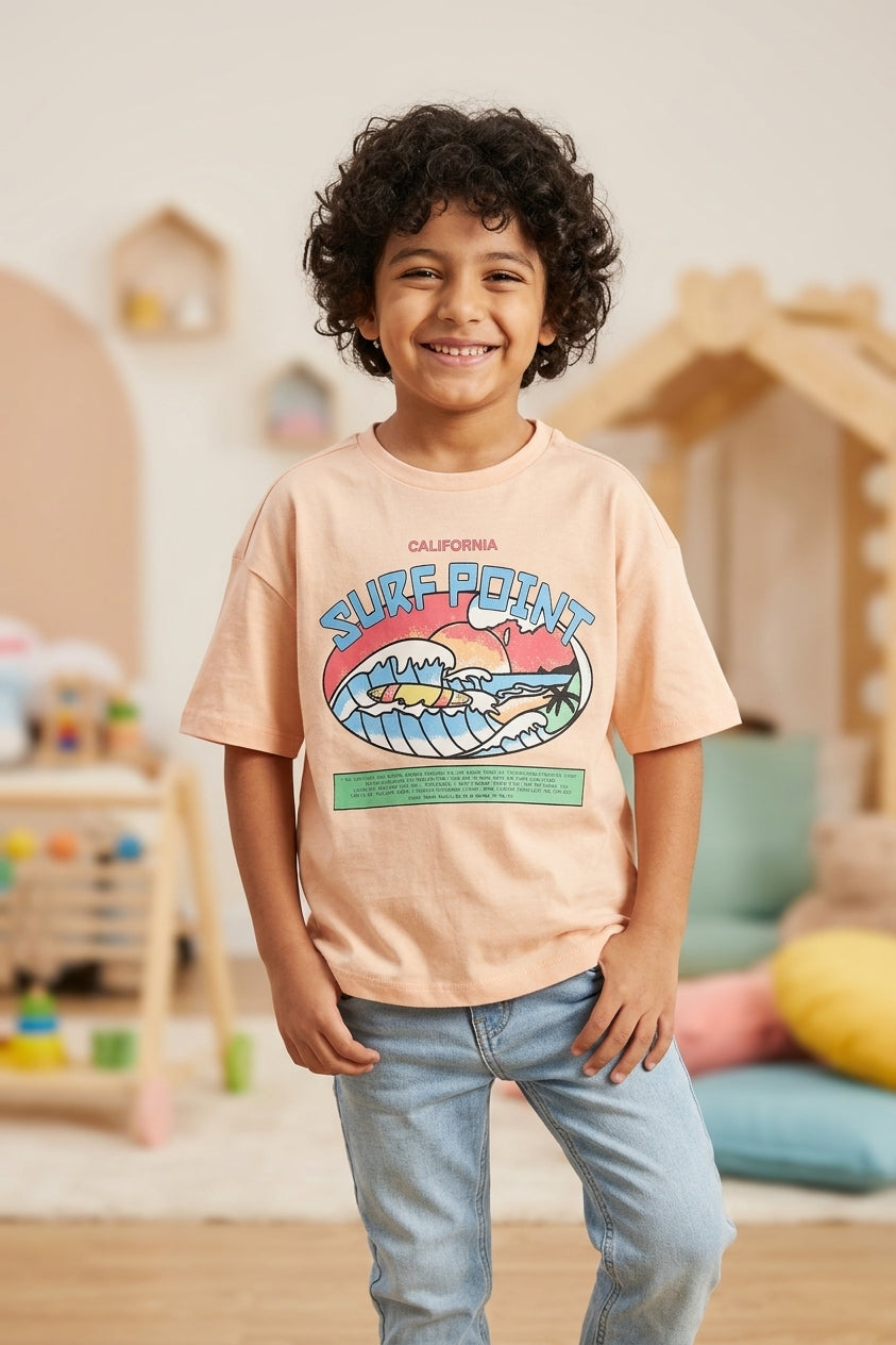 Peach Surf Point Graphic Printed Regular Fit T-Shirt for Boys - Image 1