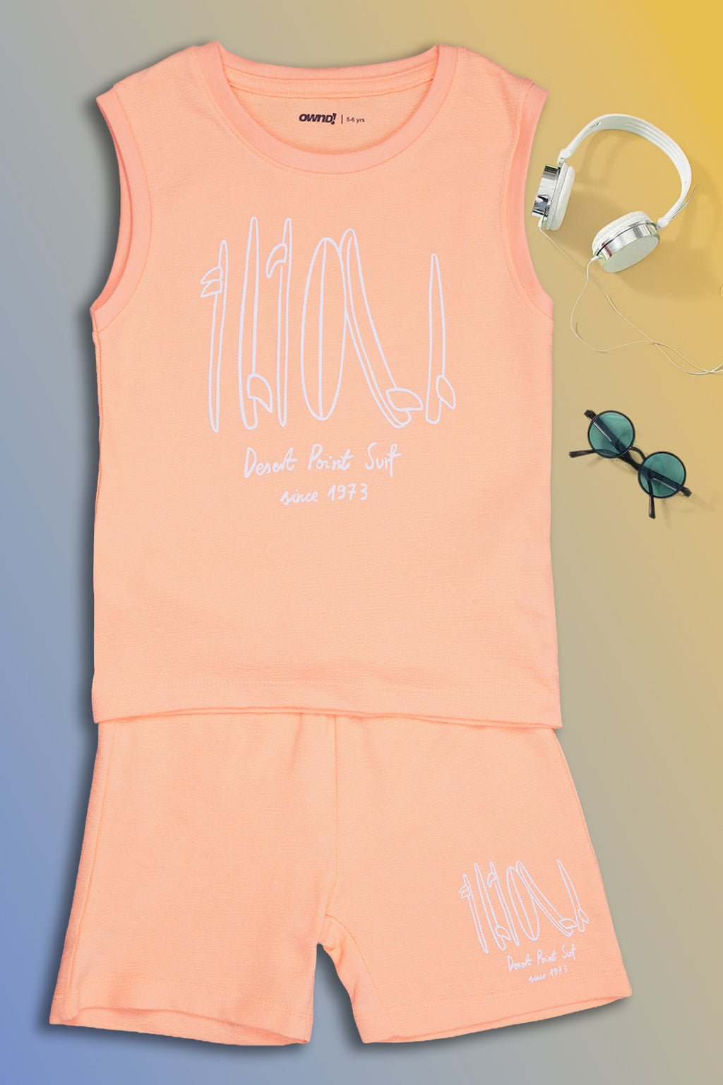 Peach Typographic Printed Regular Fit Co-ord Set for Boys - Image 1