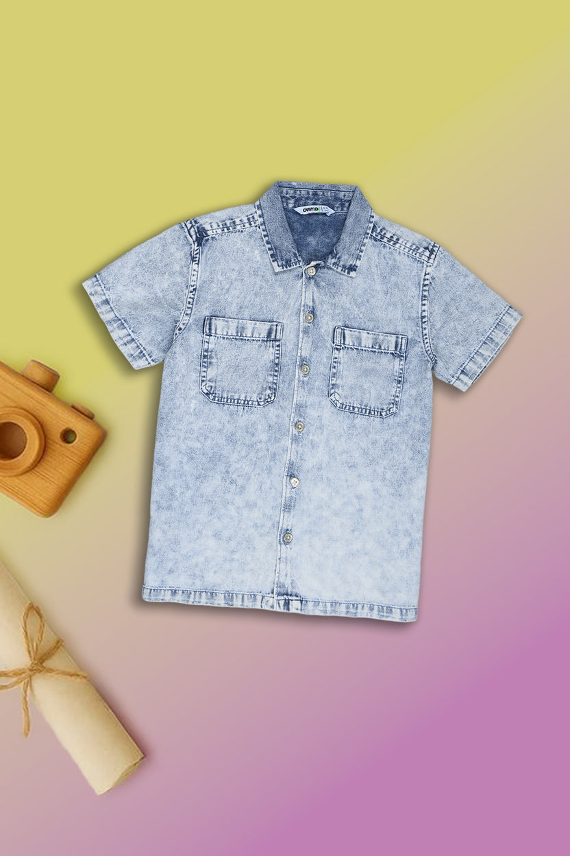 Light Blue Washed Regular Fit Denim Shirt for Tweens Boys - Image 1