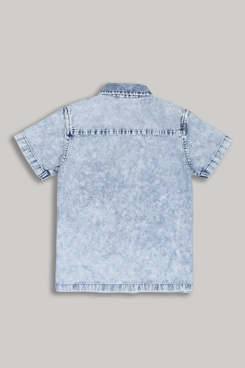 Light Blue Washed Regular Fit Denim Shirt for Tweens Boys - Image 2