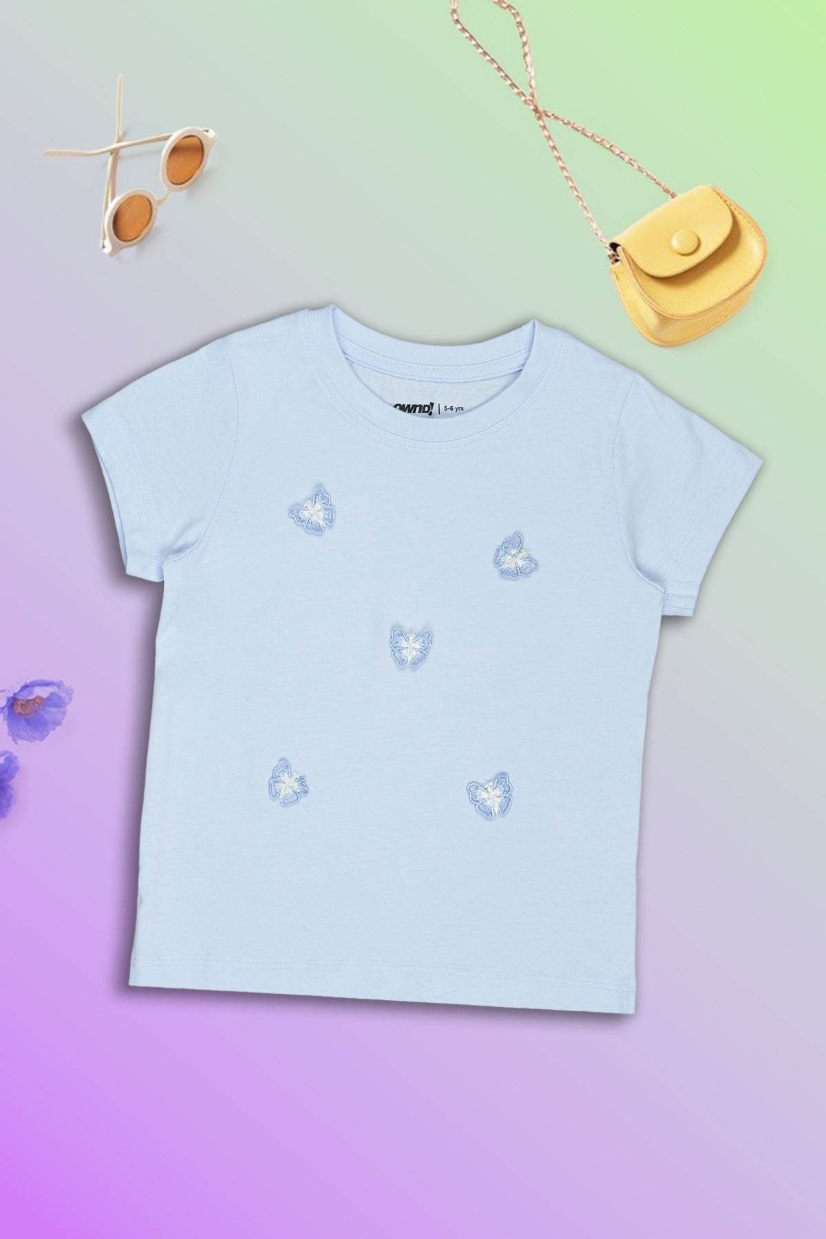 Light Blue Butterfly Embroidered Regular Fit T-Shirt for Girls - Image 1