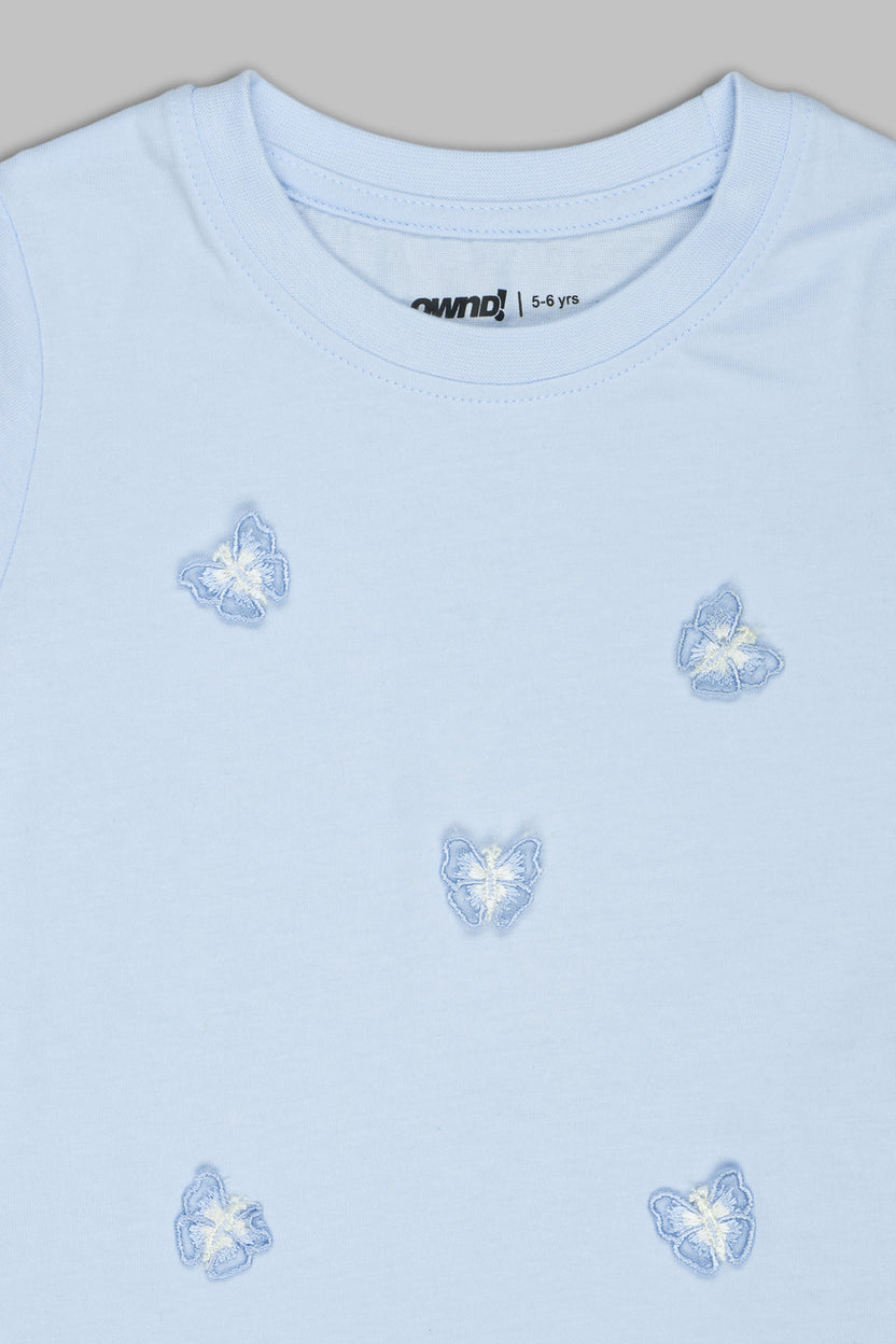 Light Blue Butterfly Embroidered Regular Fit T-Shirt For Girls - Image 3