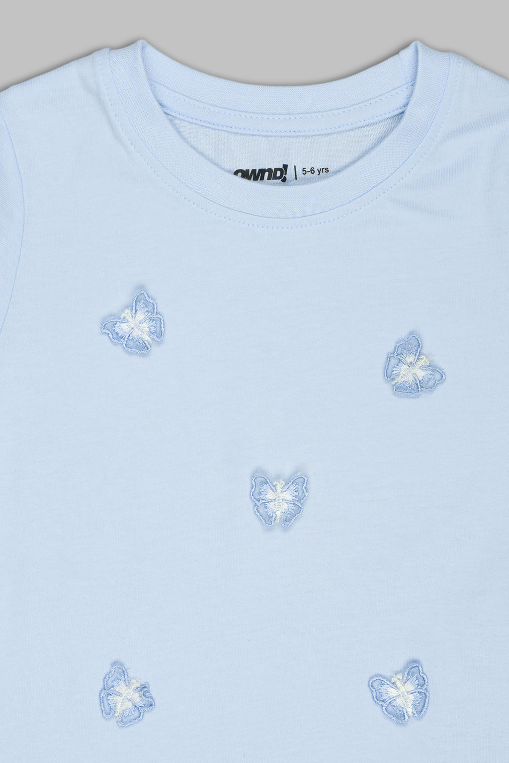 Light Blue Butterfly Embroidered Regular Fit T-Shirt for Girls - Image 3