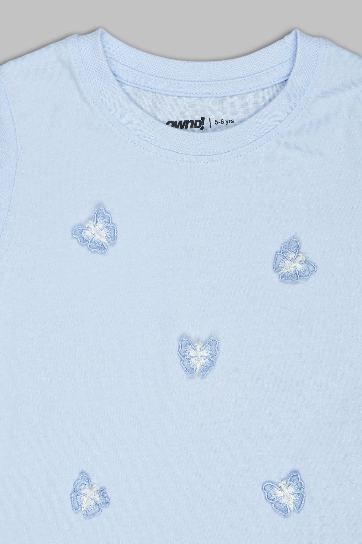 Light Blue Butterfly Embroidered Regular Fit T-Shirt for Girls - Image 3