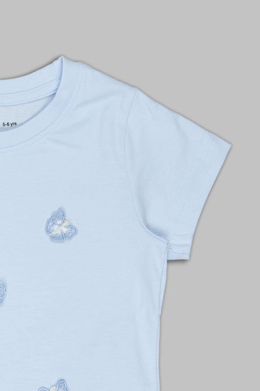 Light Blue Butterfly Embroidered Regular Fit T-Shirt For Girls - Image 4