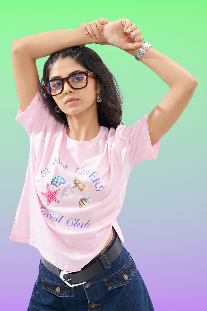 Pink Aquatic Graphic T-Shirt For Women - Image 1