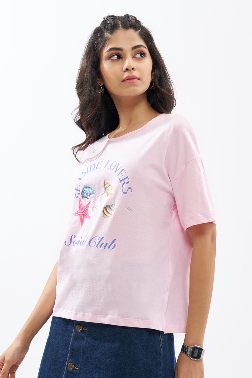 Pink Aquatic Graphic T-Shirt For Women - Image 4