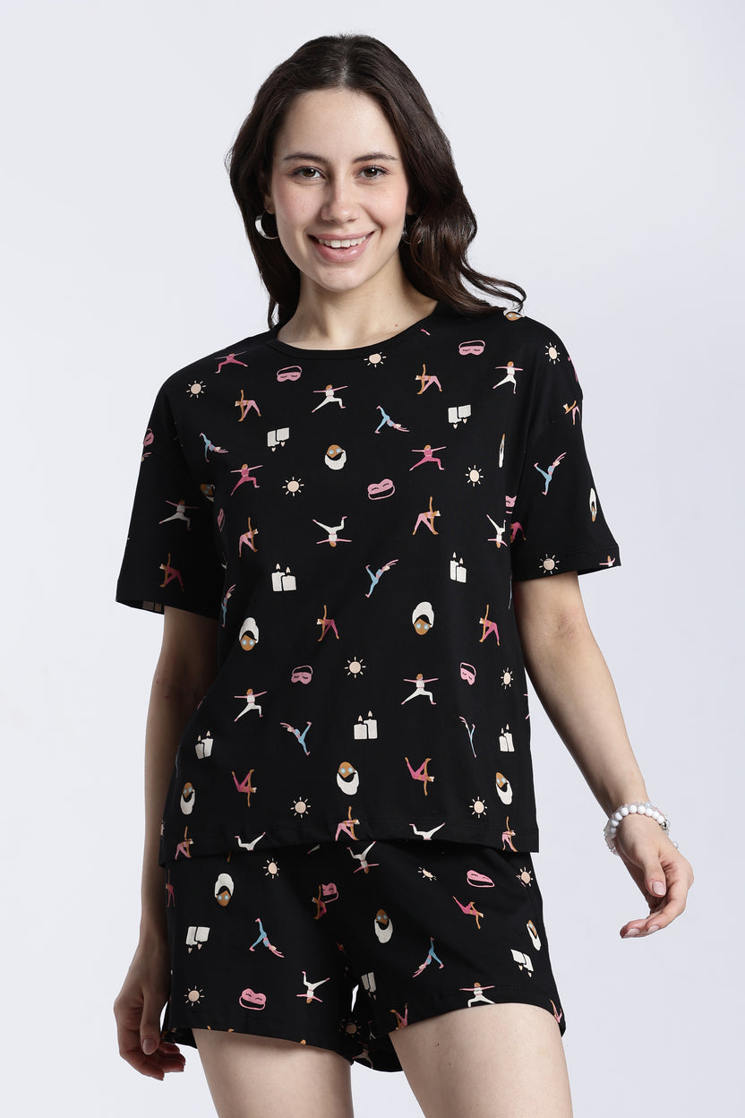 Black Yoga Theme Regular Fit T-Shirt For Women - Image 2