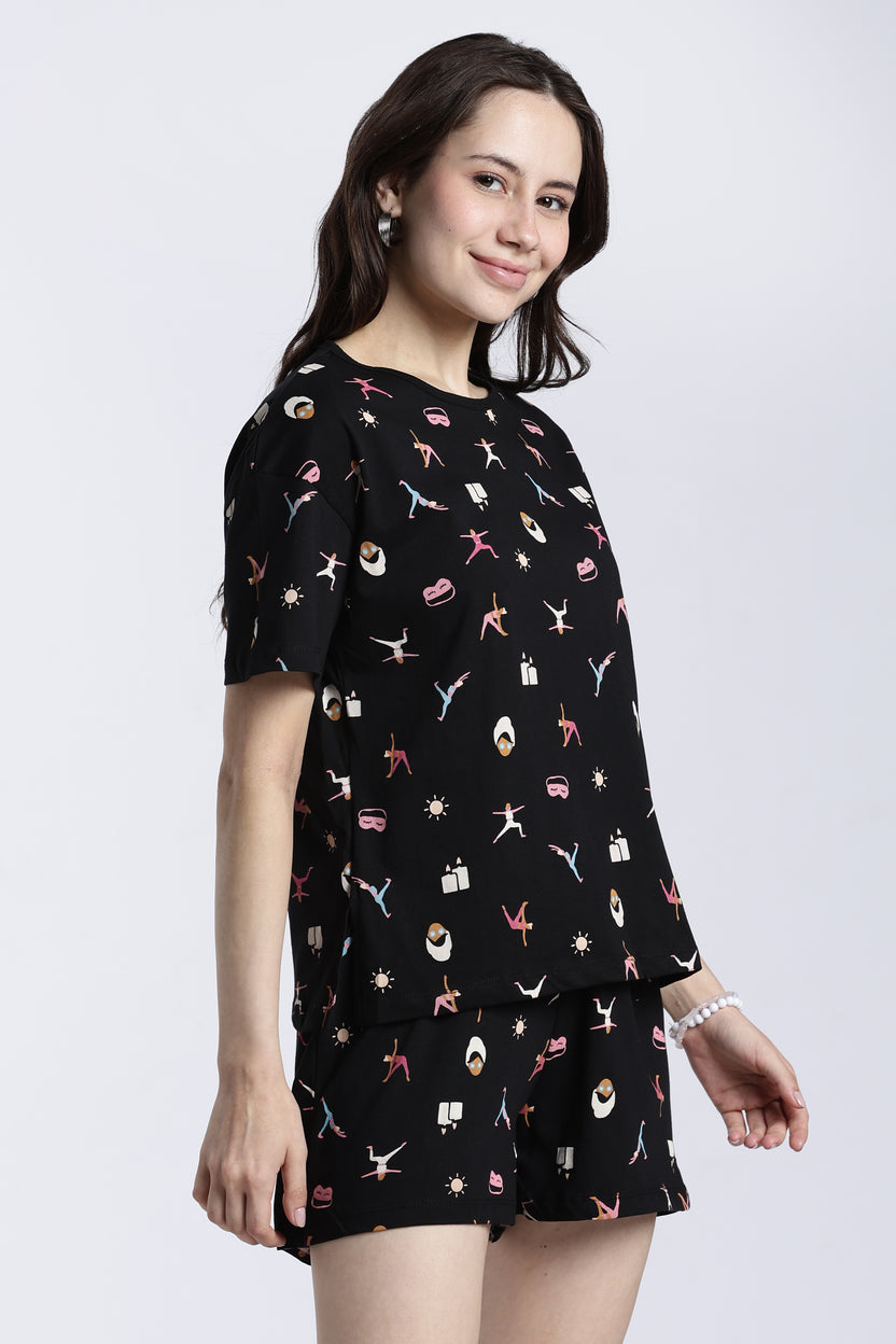 Black Yoga Theme Regular Fit T-Shirt For Women - Image 4