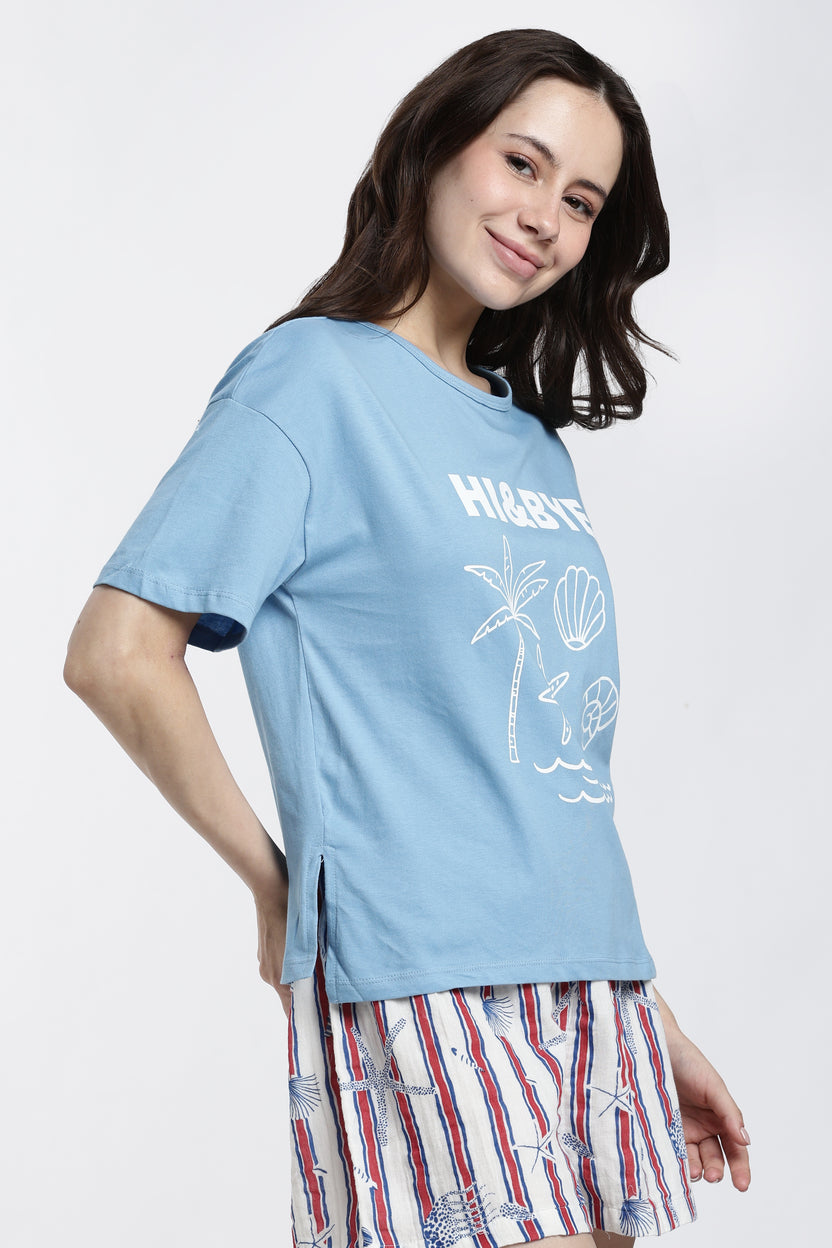Blue Graphic Regular Fit T-Shirt For Women - Image 4